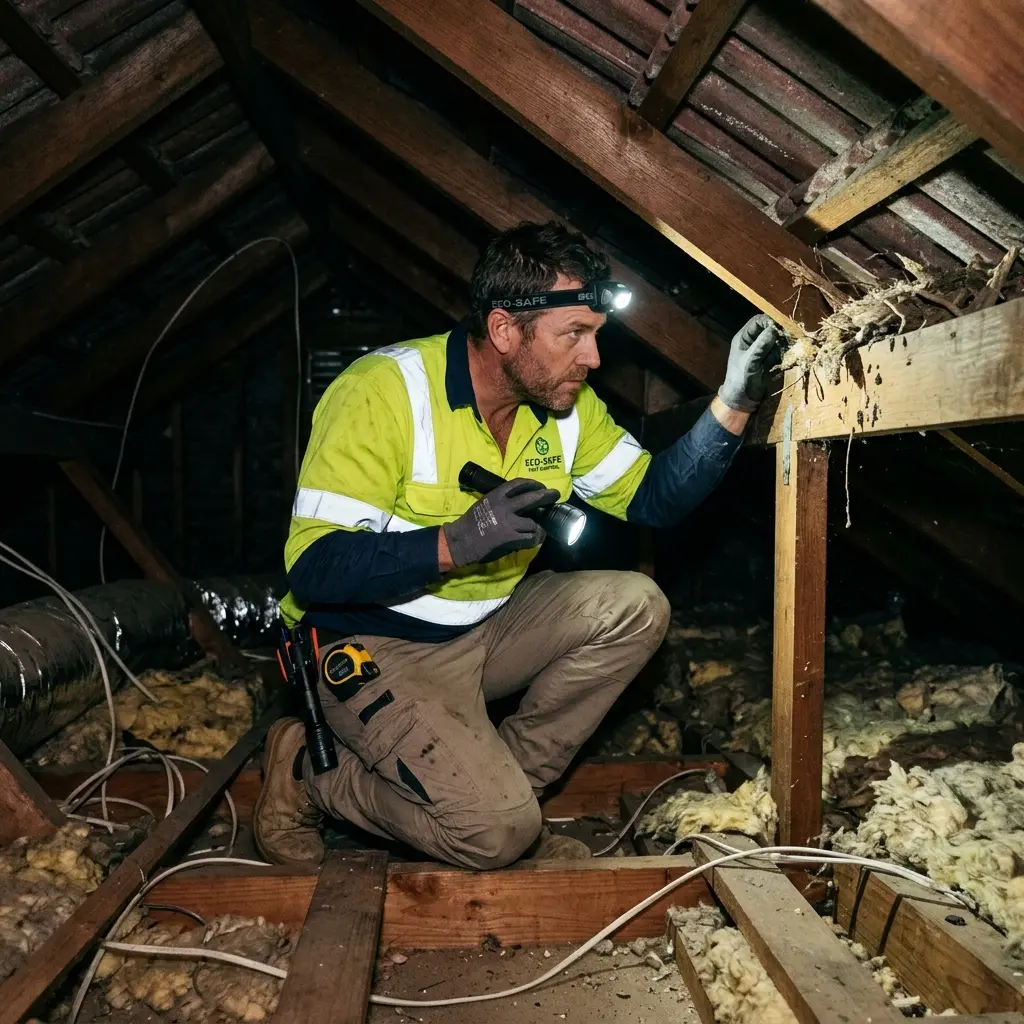 Technician inspecting a roof cavity for a dead animal in Drysdale