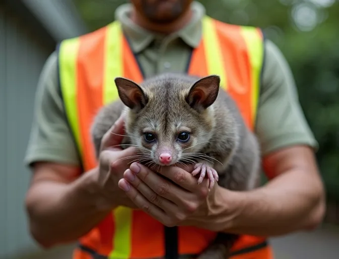 Animal handler safely recovering a deceased possum in Drysdale