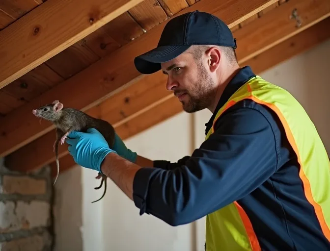 Technician inspecting a roof cavity for a dead rat in Drysdale